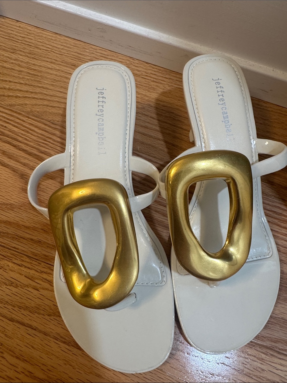Jeffrey Campbell White Sandals with Bold Gold Hardware